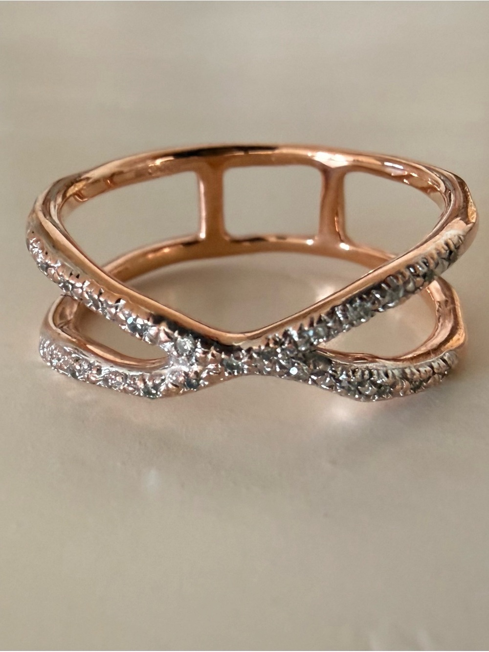 Monica Vinader Riva Wave Cross Ring - 18K Rose Gold Vermeil & Diamond Sz 9